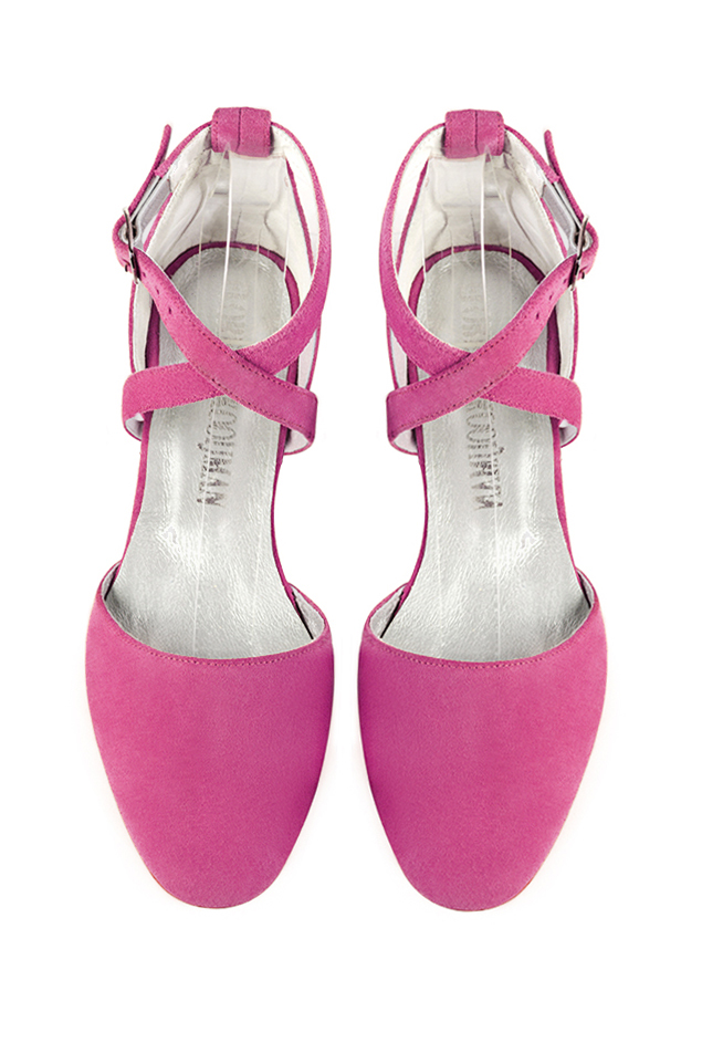 Fuschia pink women's ballet pumps, with flat heels. Round toe. Flat block heels. Top view - Florence KOOIJMAN